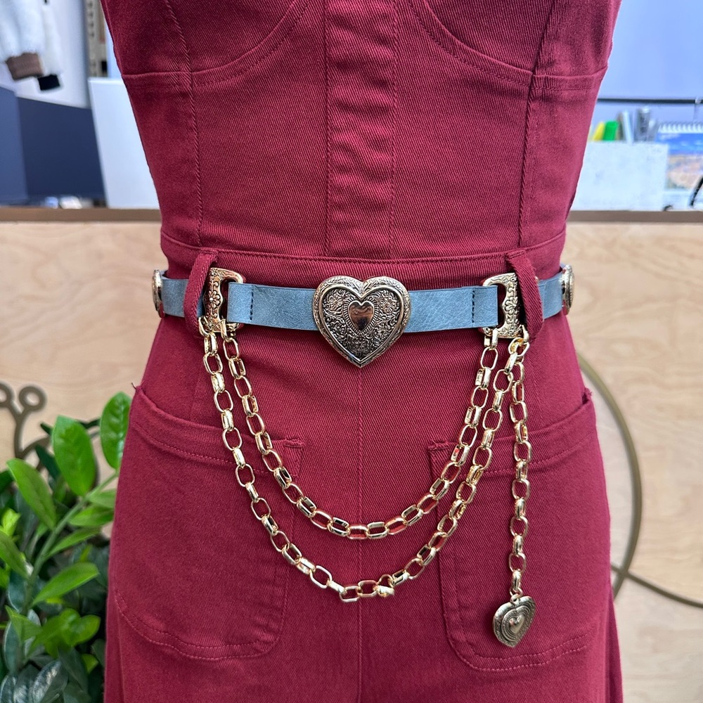 🆕 Western Dusty Blue & Gold Heart Concho Charm Drape Belt